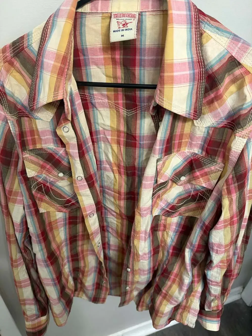 True Religion Men’s Medium Western Pearl Snap Shirt Red Plaid Cowboy Y2K